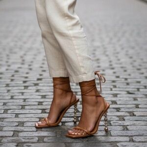 15-Cape Robbin-Elegant Tan Strappy Heels with Gold heel Accents